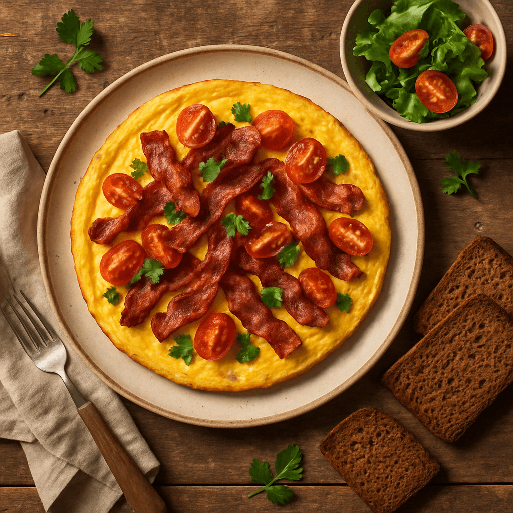 Æggekage med bacon, tomater og rugbrød