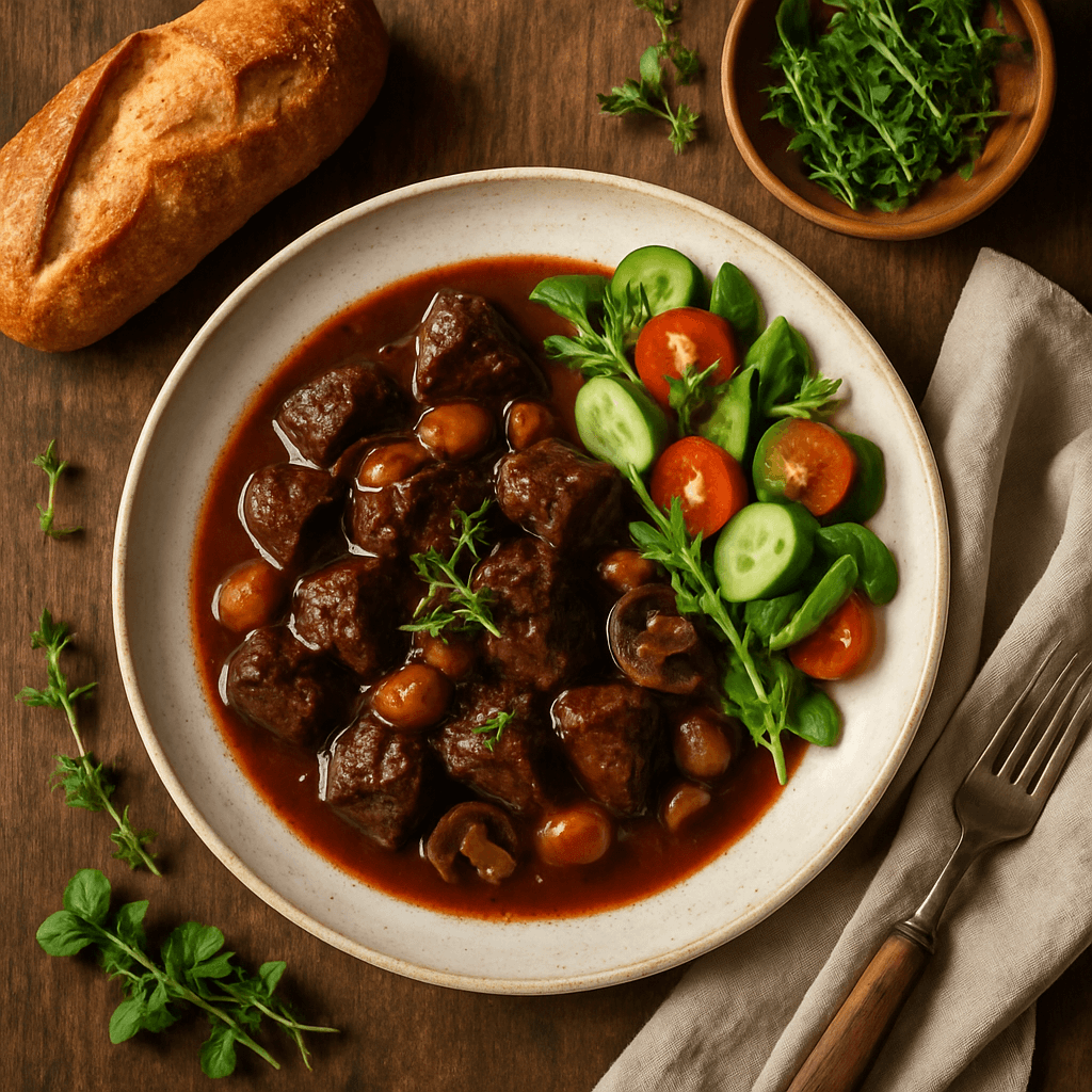 Boeuf bourguignon med lækkert brød og friske grøntsager