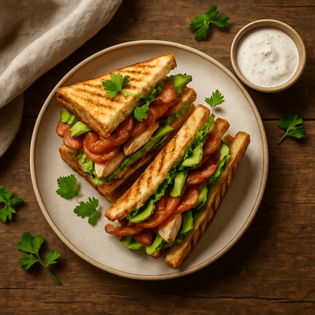 Club sandwich med kylling, bacon og avocado