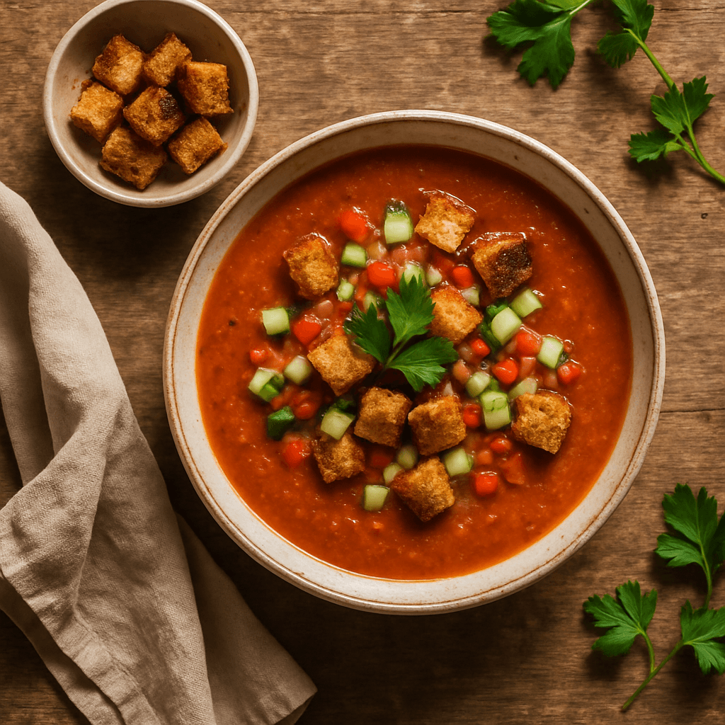 Gazpacho — kold spansk tomatsuppe med sprøde croutons