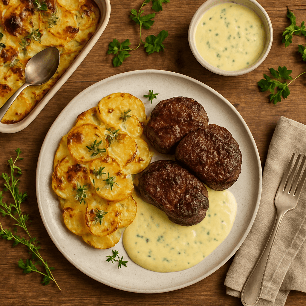 Gratin dauphinois med bøf og bearnaisesauce