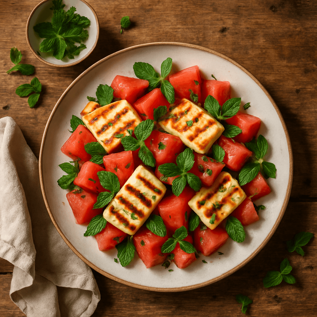 Grillet halloumi-salat med vandmelon og mint