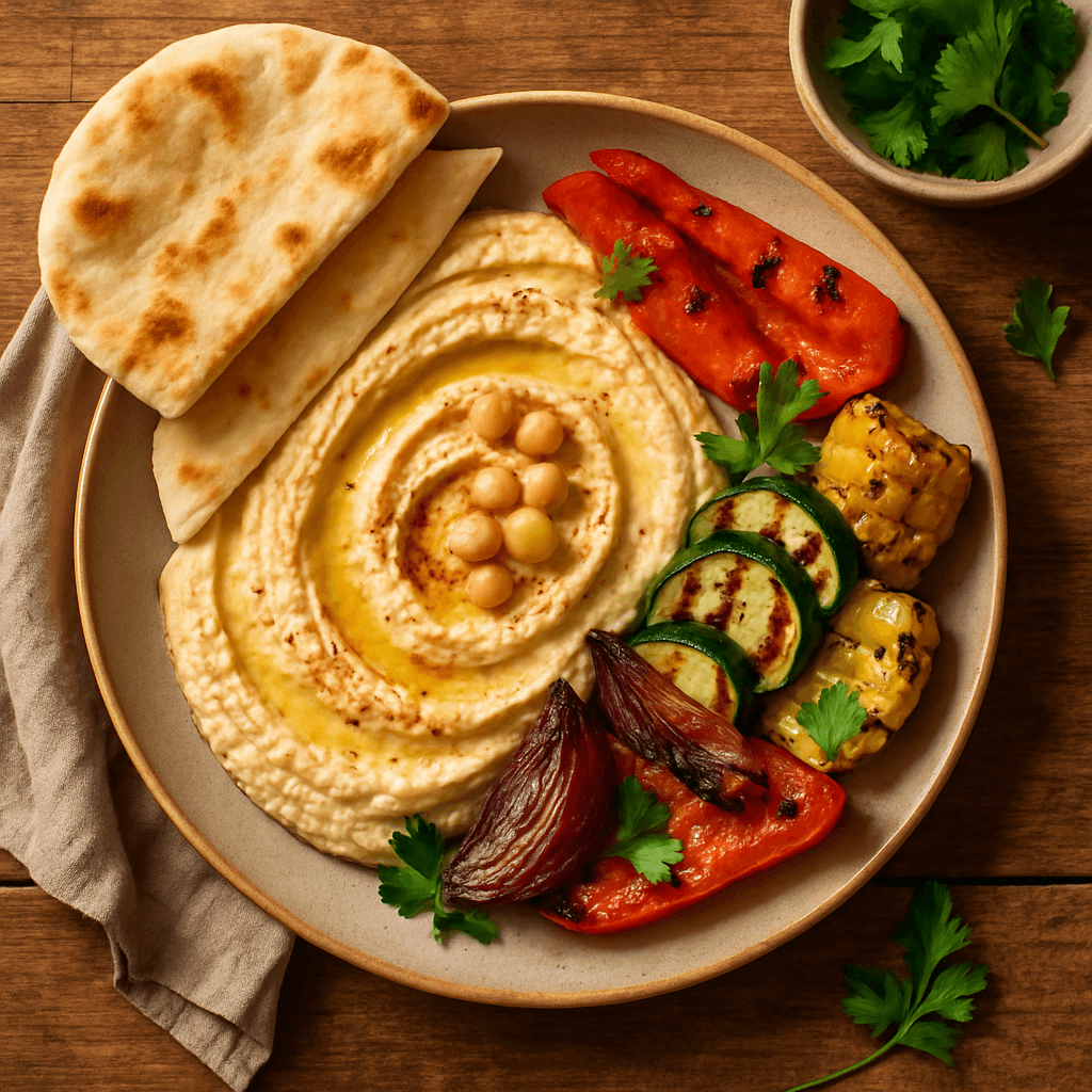 Hummus-tallerken med grillede grøntsager og pitabrød