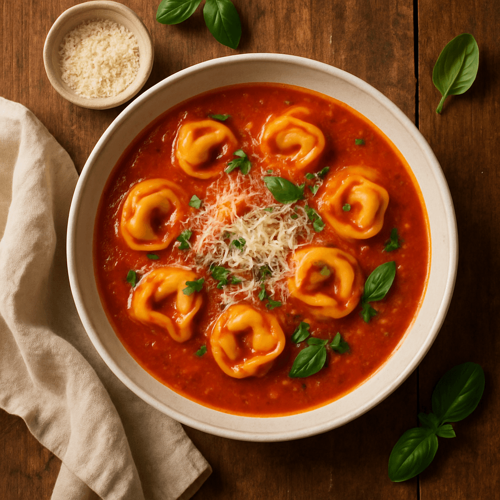 Italiensk tomatsuppe med tortellini og parmesan