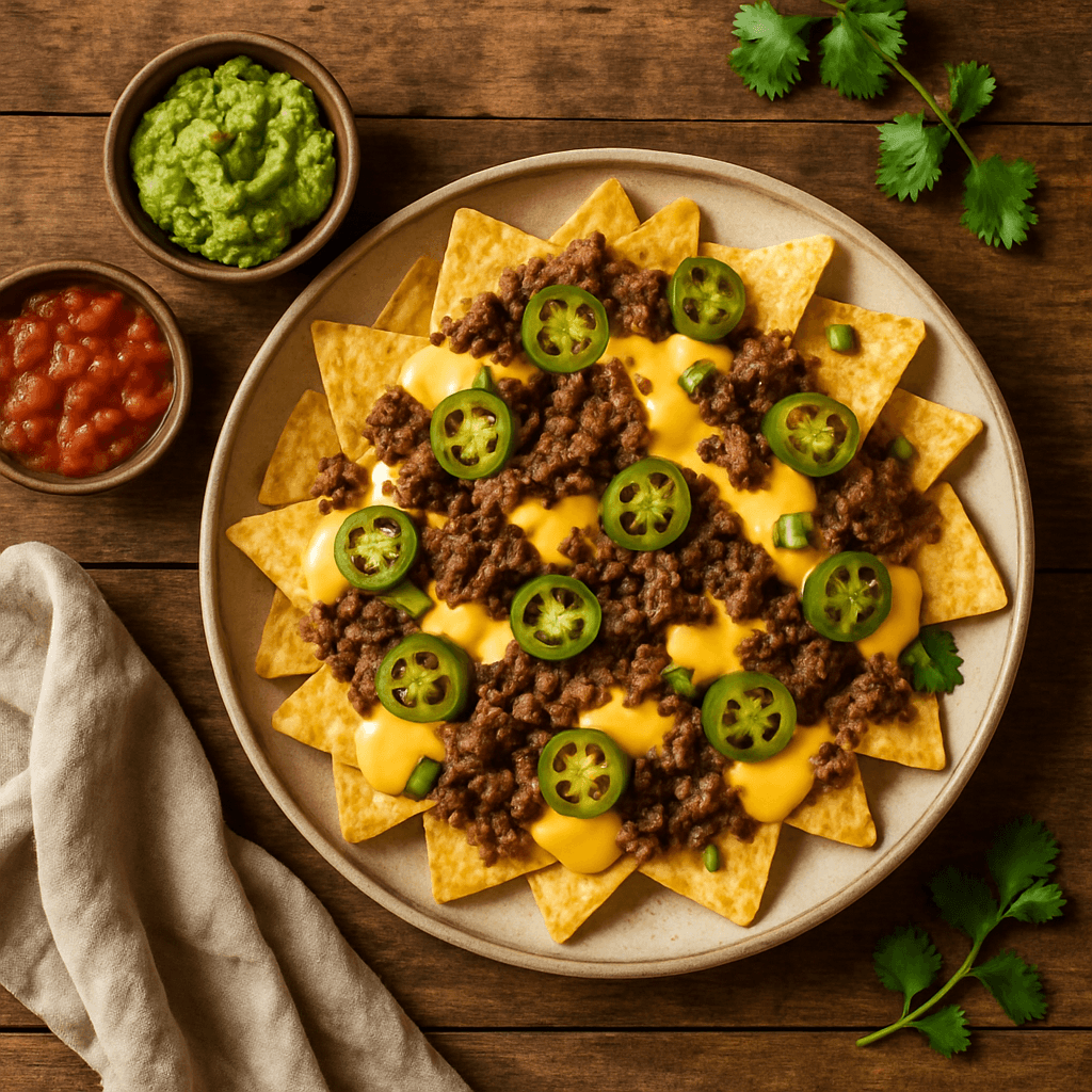 Nachos grande med oksekød, jalapeños og ostesauce