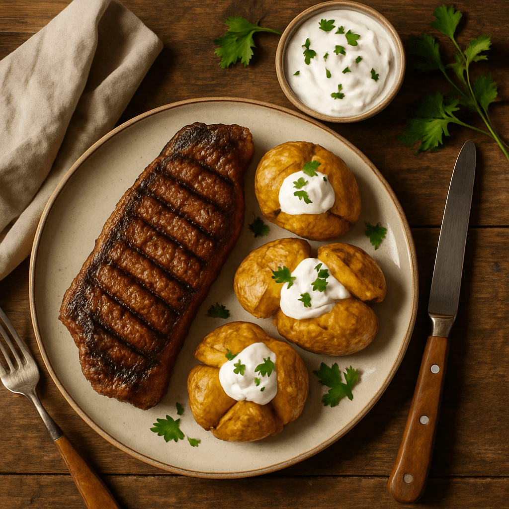New York strip steak med bagte kartofler og sour cream