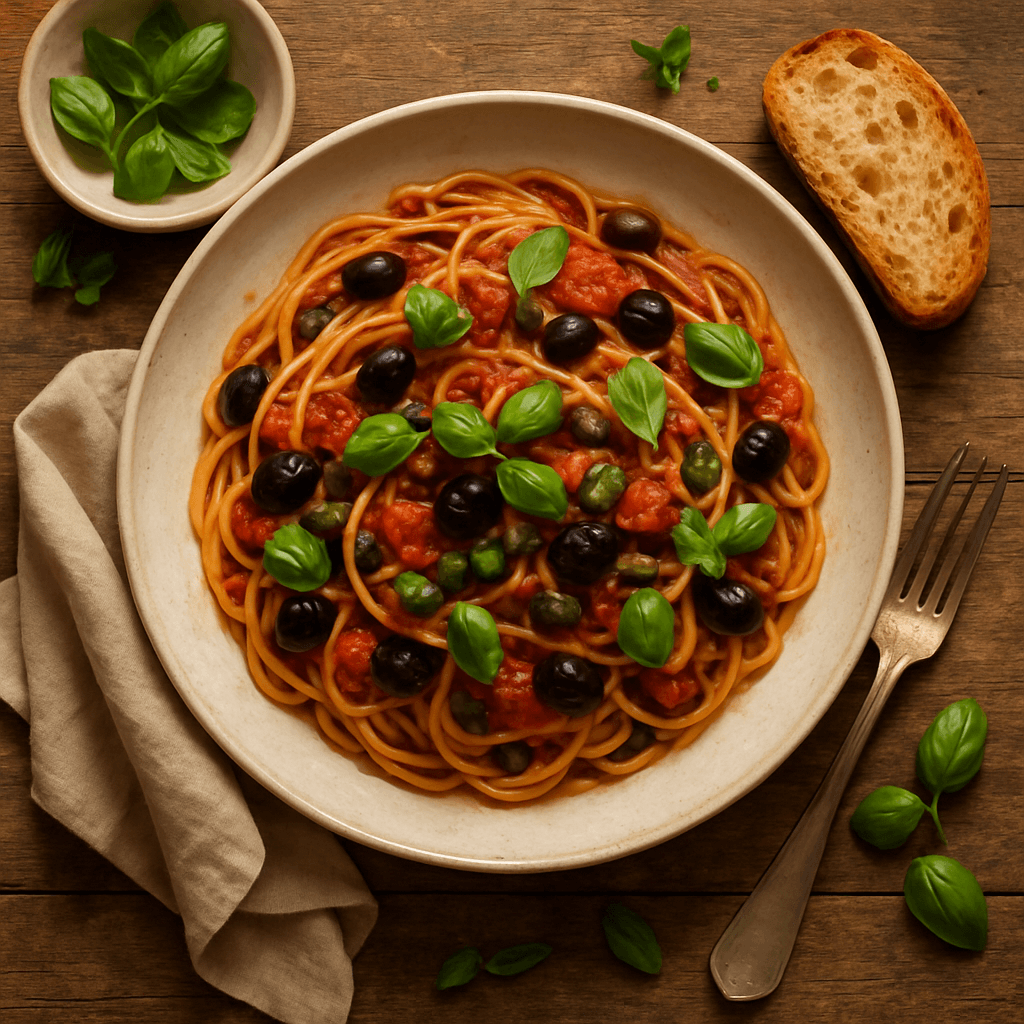 Pasta puttanesca med oliven, kapers og frisk basilikum