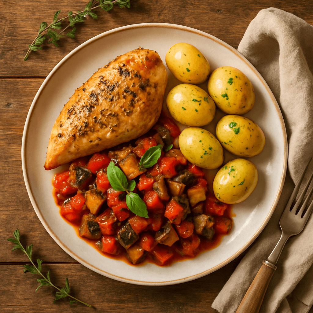 Provencalsk kylling med ratatouille og nye kartofler