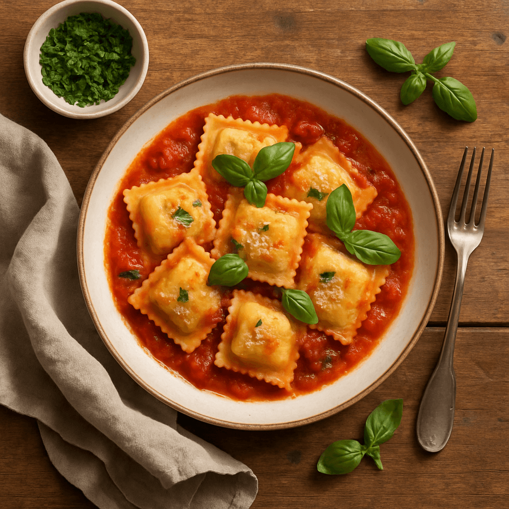 Ravioli med ricotta og spinat i tomatsauce