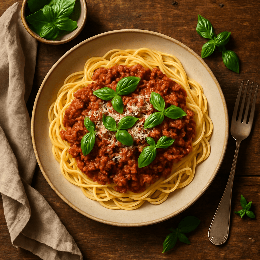 Spaghetti bolognese med parmesan og frisk basilikum