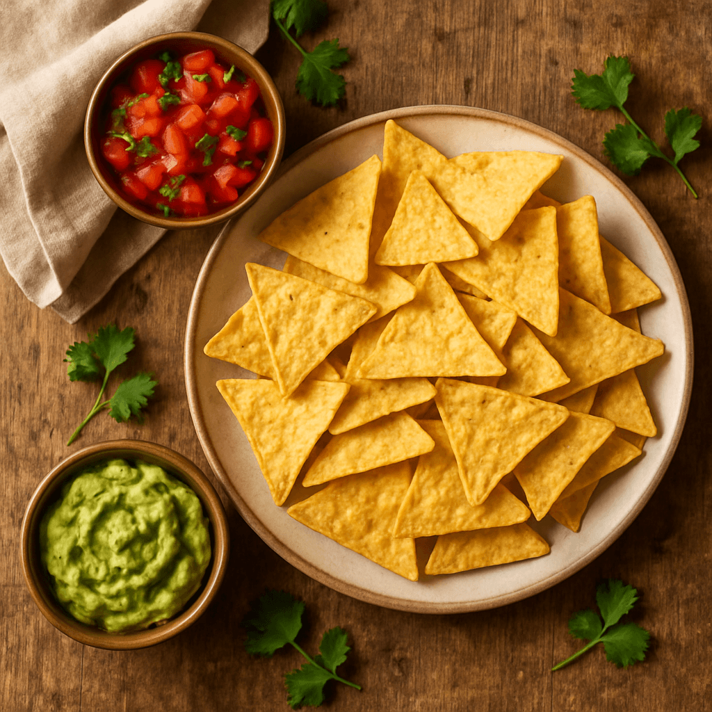 Sprøde tortilla-chips med hjemmelavet salsa og guacamole