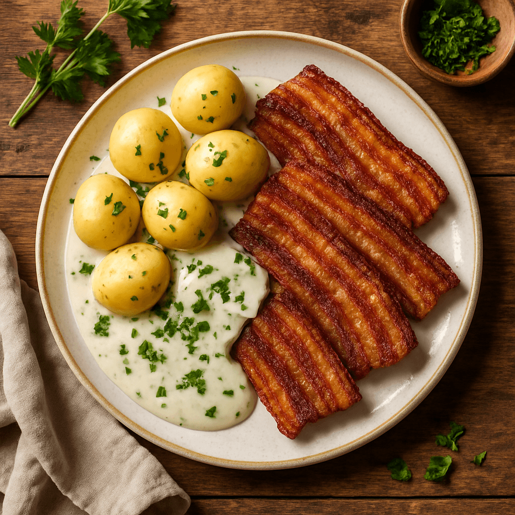 Stegt flæsk med persillesovs og nye kartofler