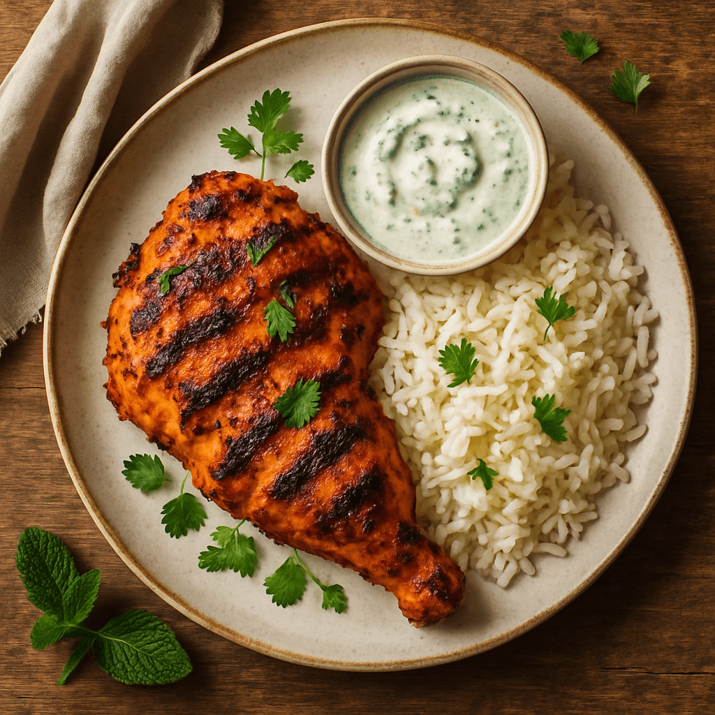 Tandoori kylling med mint-yoghurt og ris