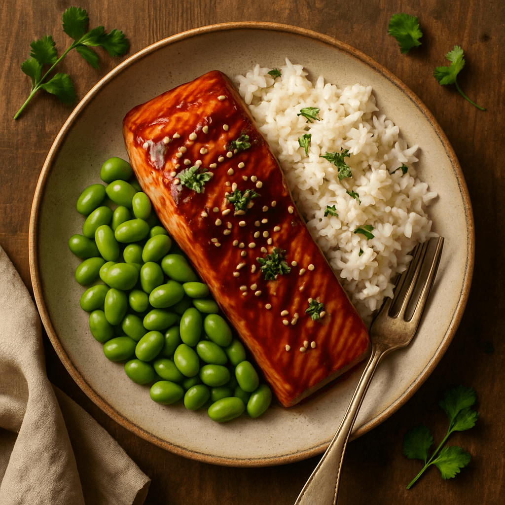 Teriyaki laks med edamame og ris