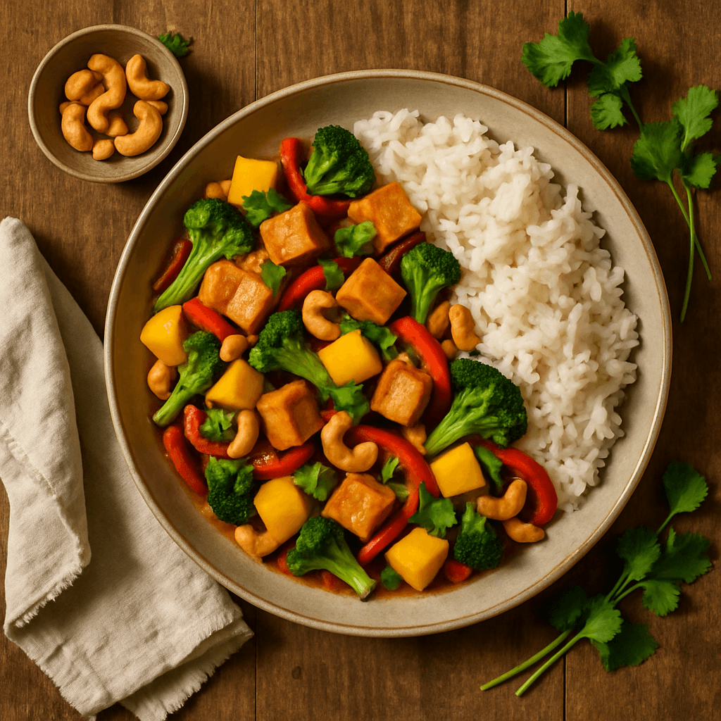 Thai wok med tofu, mango og cashewnødder med jasminris