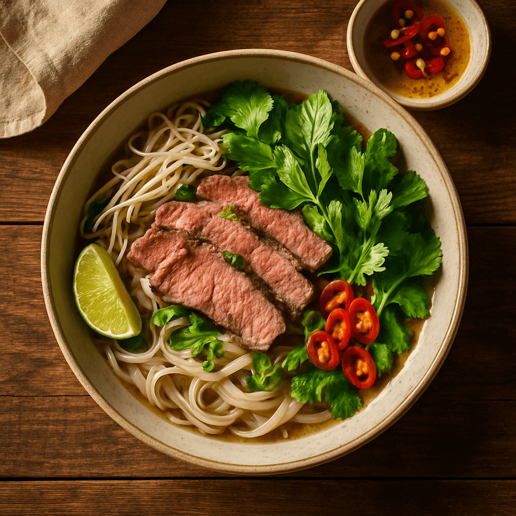 Vietnamesisk pho bo med oksekød og friske urter