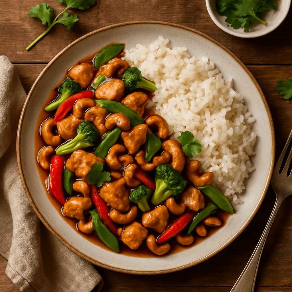 Wok med kylling, cashewnødder og grøntsager i oystersauce med jasminris